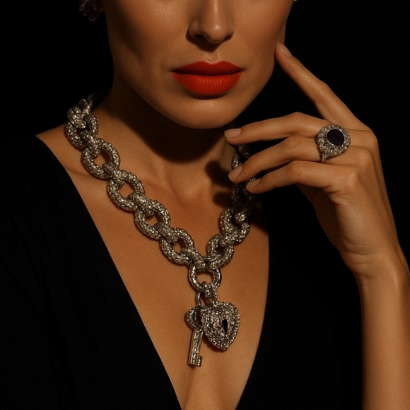 TRACY LYNN RHINESTONE PADLOCK HEART NECKLACE WITH KEY CHARM SILVERTONE STATEMENT